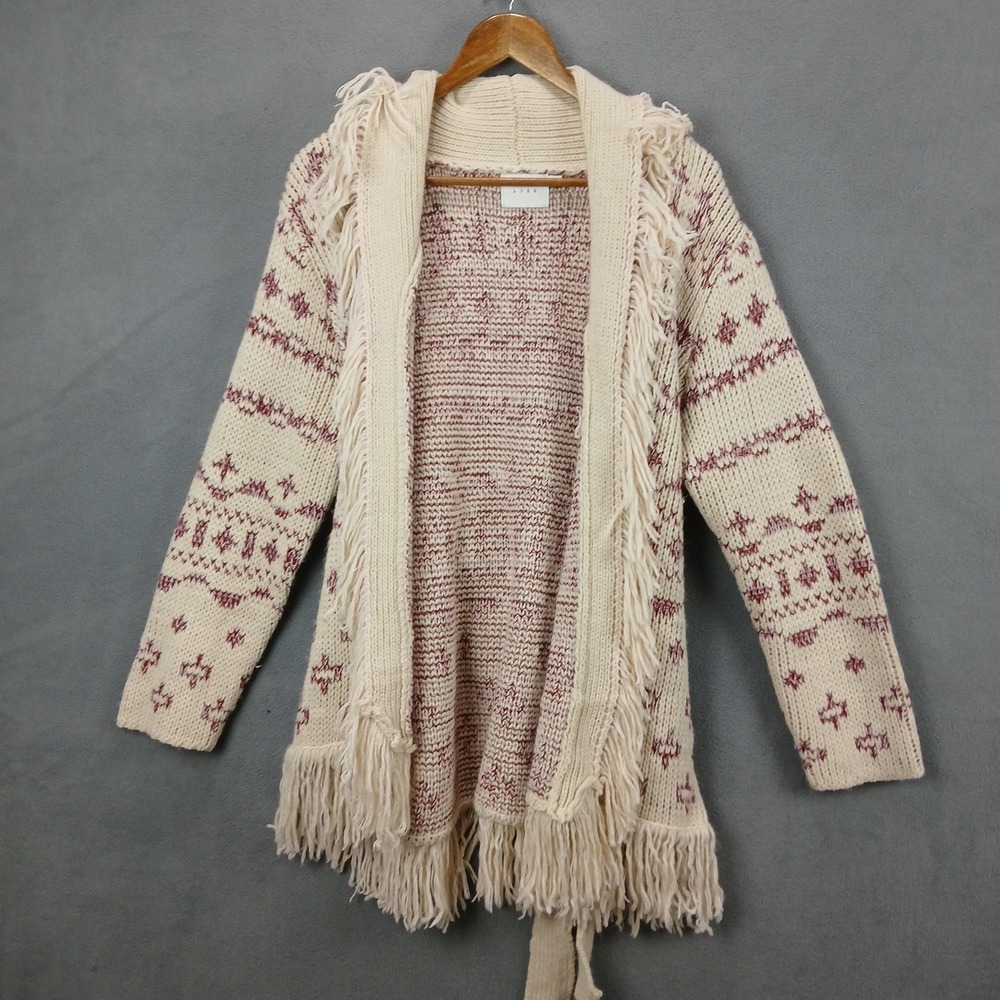 Lush Cardigan Sweaters Women Medium Beige Magenta Aztec Shawl Collar Fringe Trim